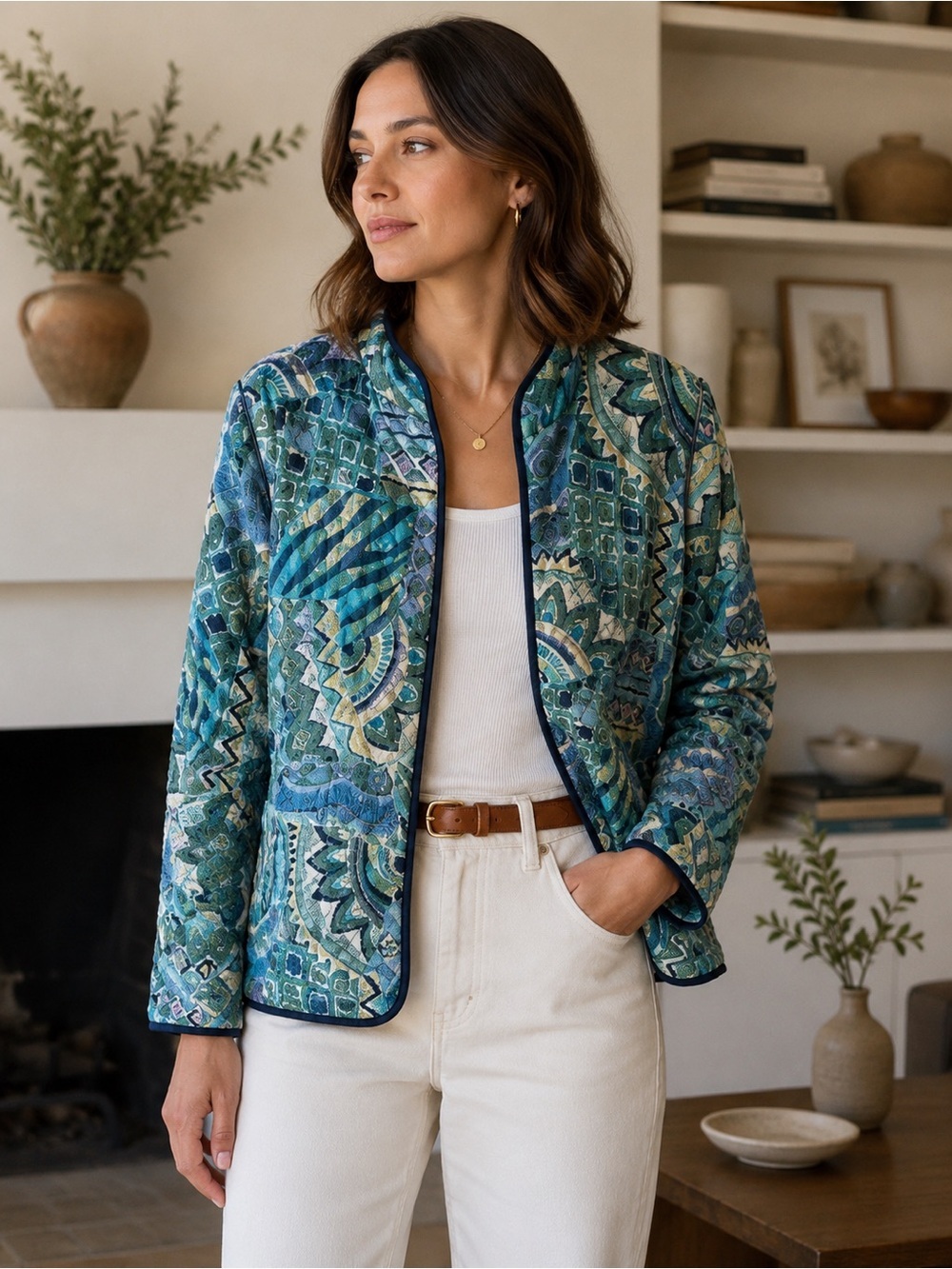 Alfred Dunner Quilted Floral Blue and Green Geometric Blazer Size 10 Fall Cozy